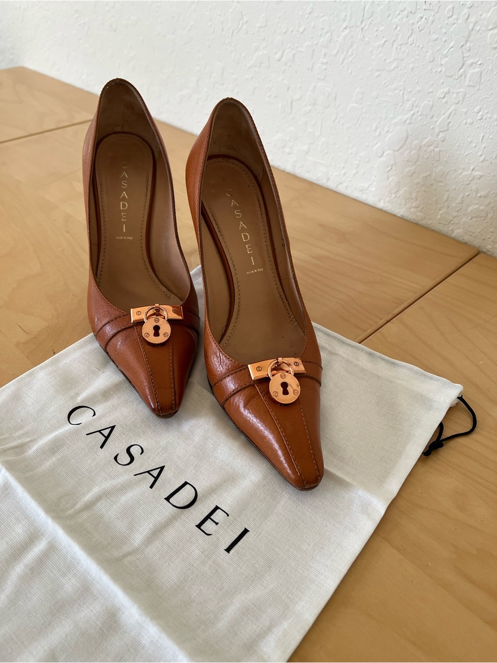 Casadei Tan Leather Pointed Toe Pumps with Gold Lock Accent size 8